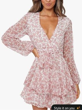 Pink Floral V-Neck Tiered Ruffle Dress